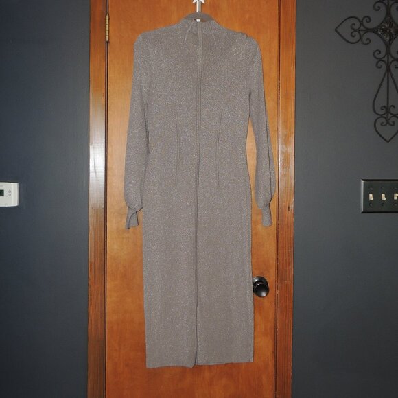 Eva Mendes Metallic Shimmer Mock-Neck Midi Dress – Long Sleeve, Gray Silver, Siz - Picture 5 of 7